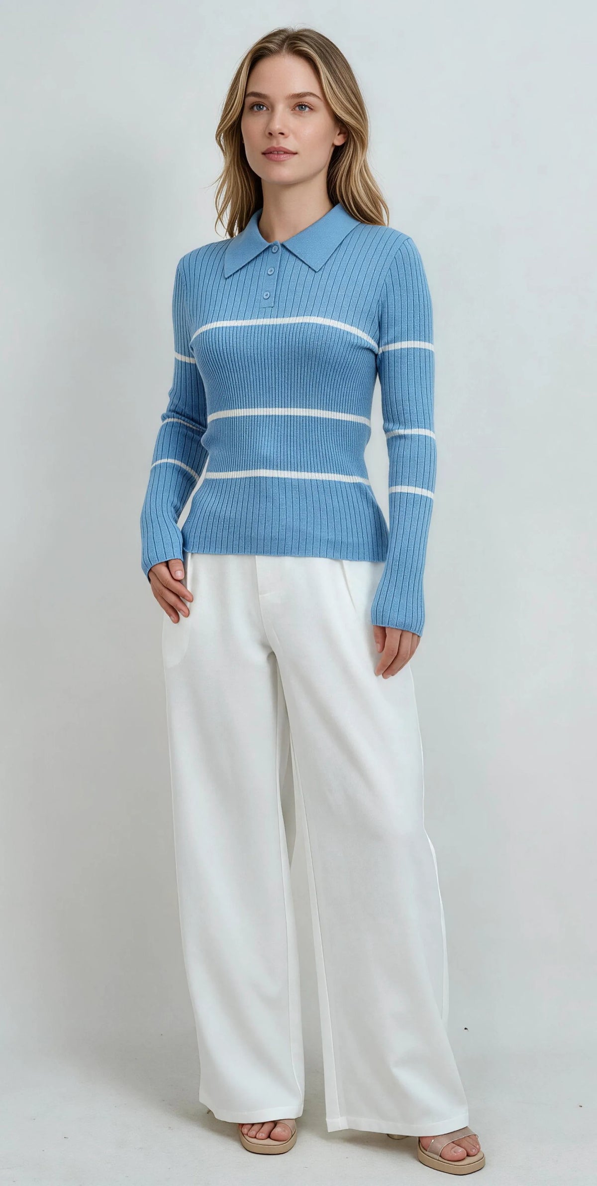 Ribbed Contrast Stripe Polo Sweater