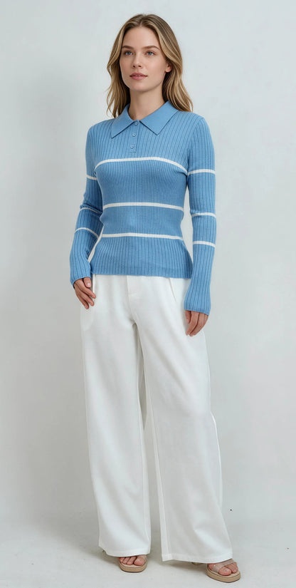 Ribbed Contrast Stripe Polo Sweater