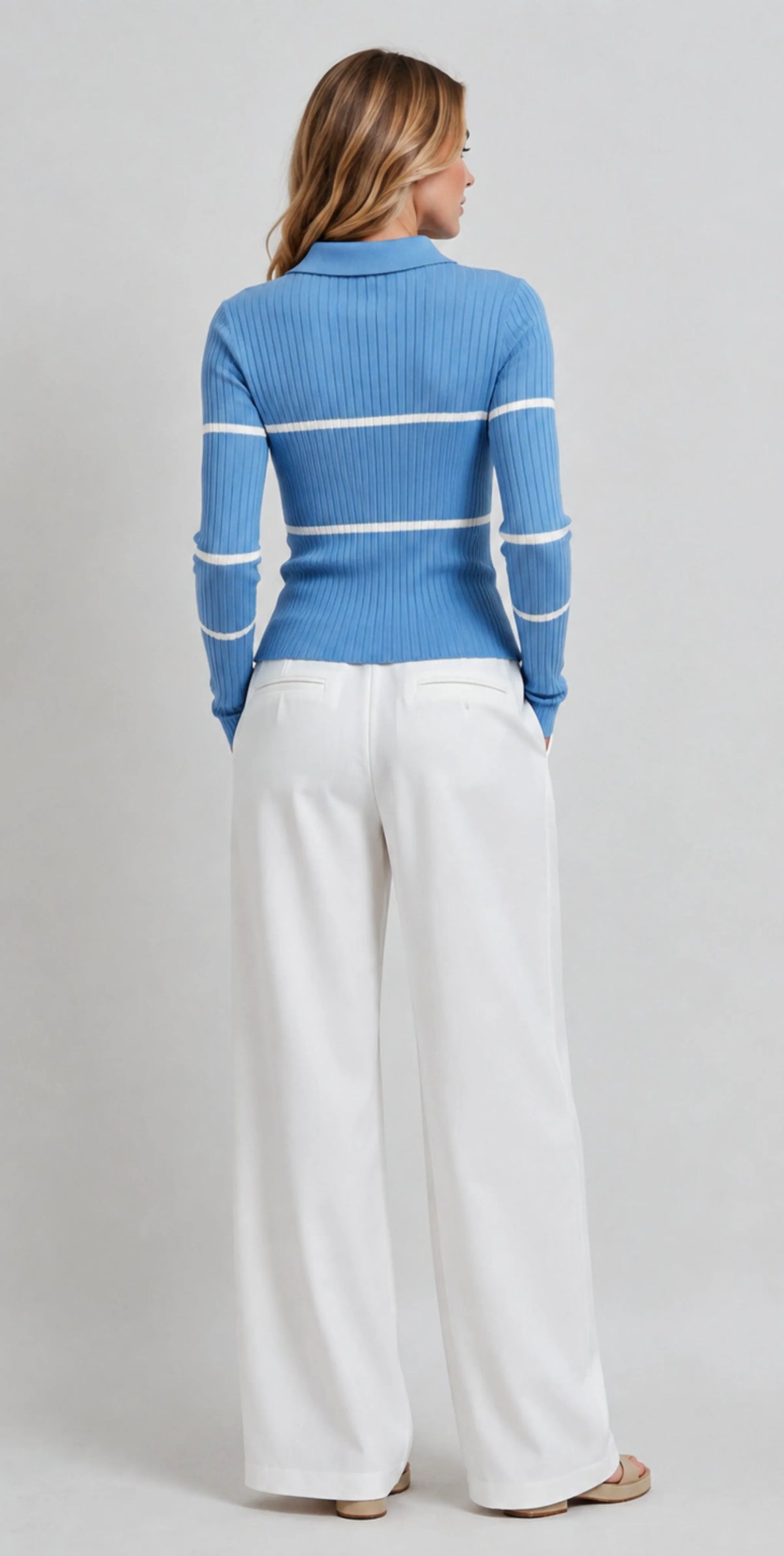Ribbed Contrast Stripe Polo Sweater