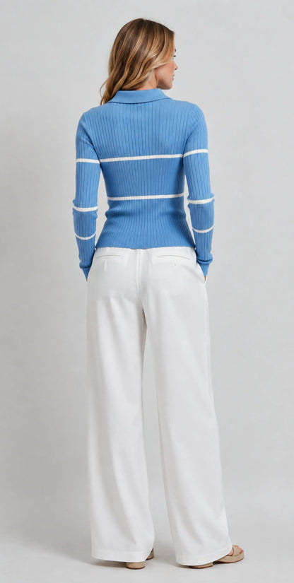 Ribbed Contrast Stripe Polo Sweater