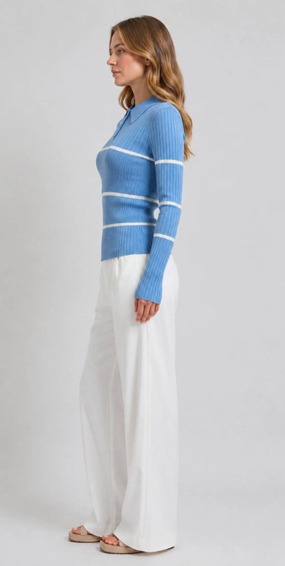 Ribbed Contrast Stripe Polo Sweater
