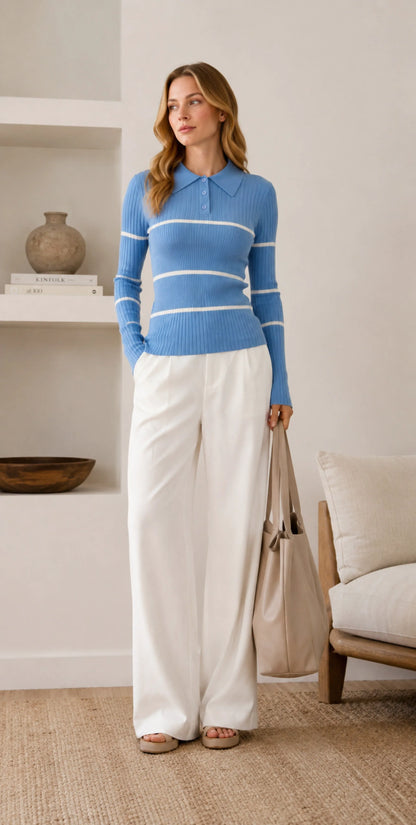 Ribbed Contrast Stripe Polo Sweater