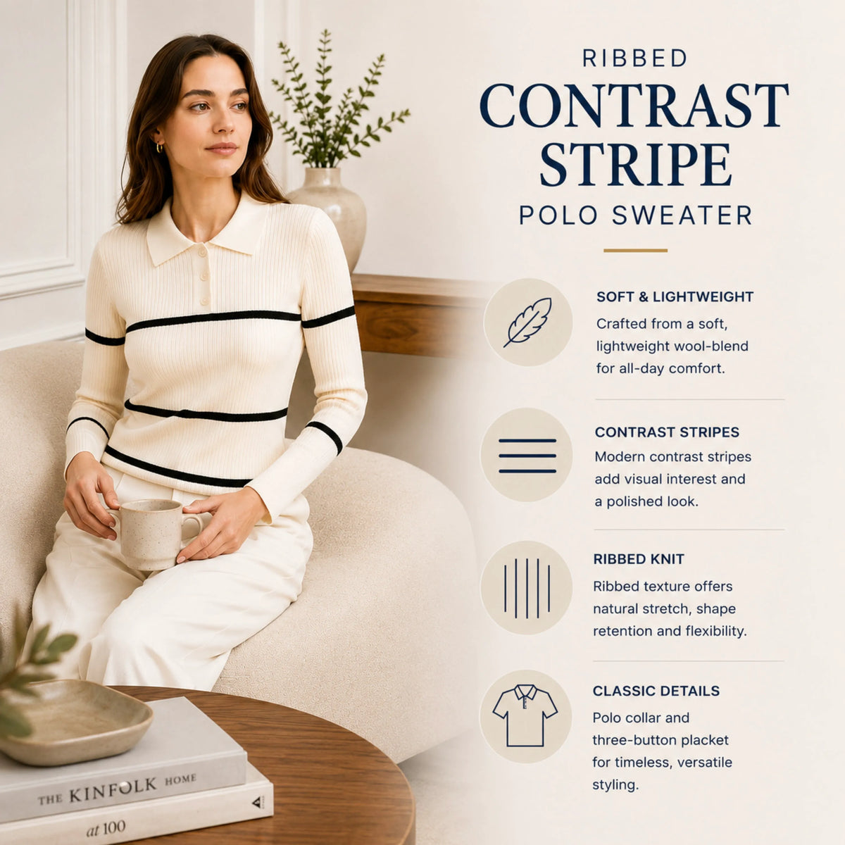Ribbed Contrast Stripe Polo Sweater