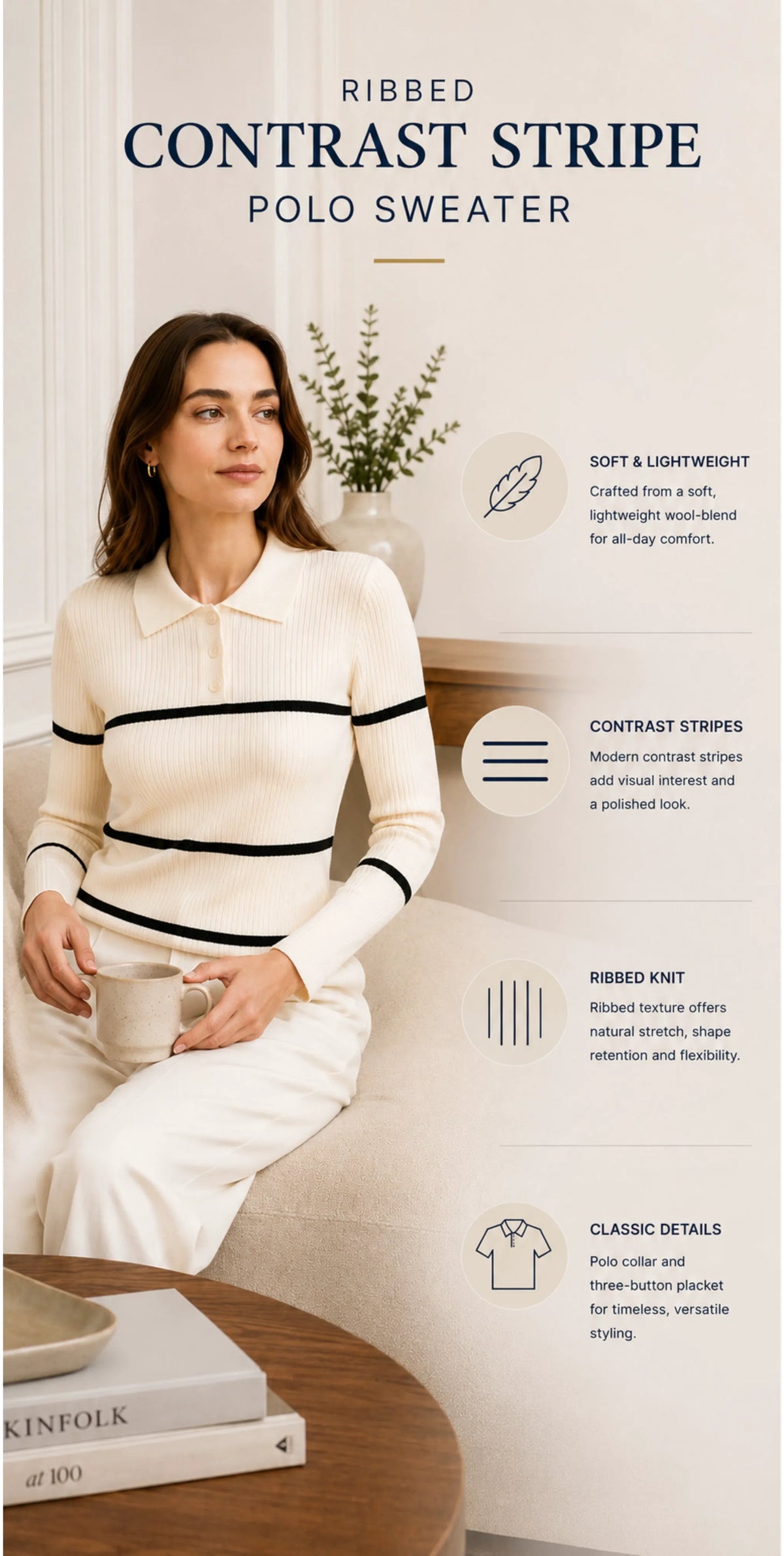 Ribbed Contrast Stripe Polo Sweater