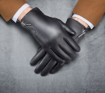 Half Zipper Real Leather Gloves