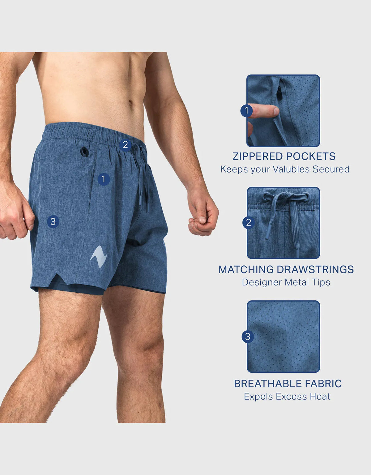 Zilpu Mens Quick Dry Athletic Performance Shorts wi/Zipper Pocket (5 inch)