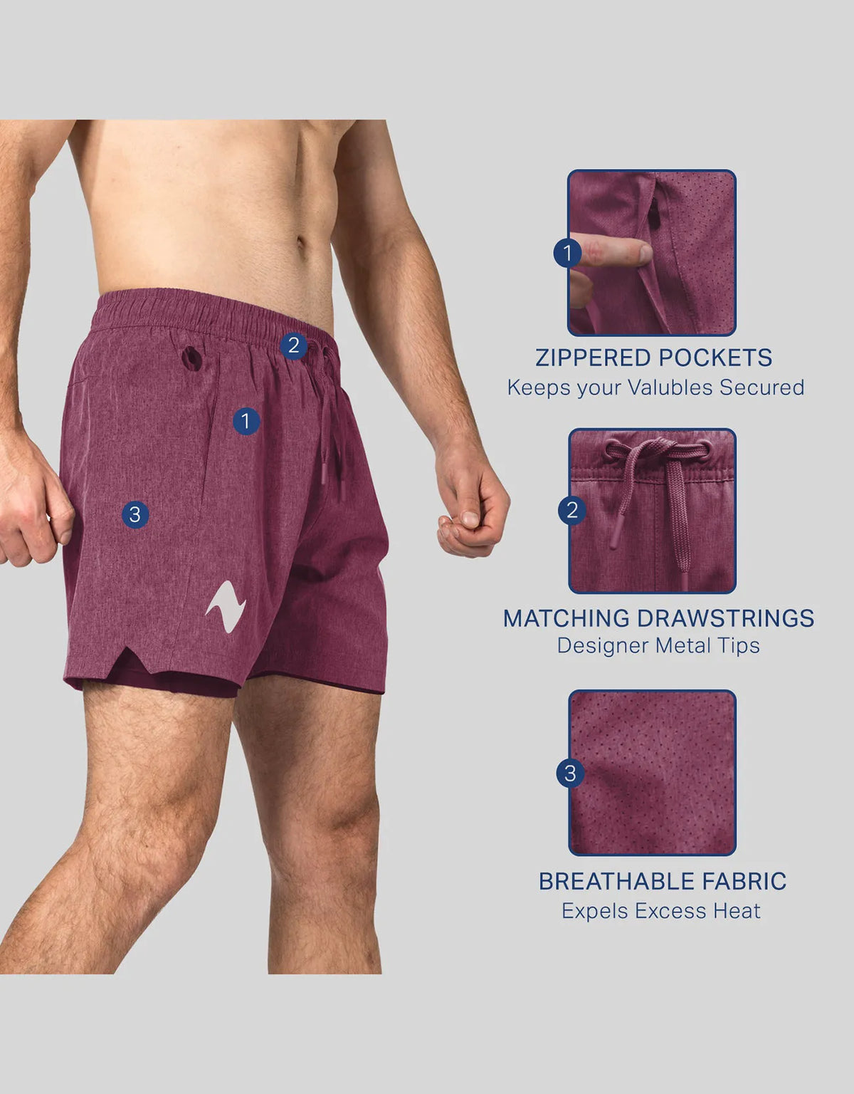 Zilpu Mens Quick Dry Athletic Performance Shorts wi/Zipper Pocket (5 inch)
