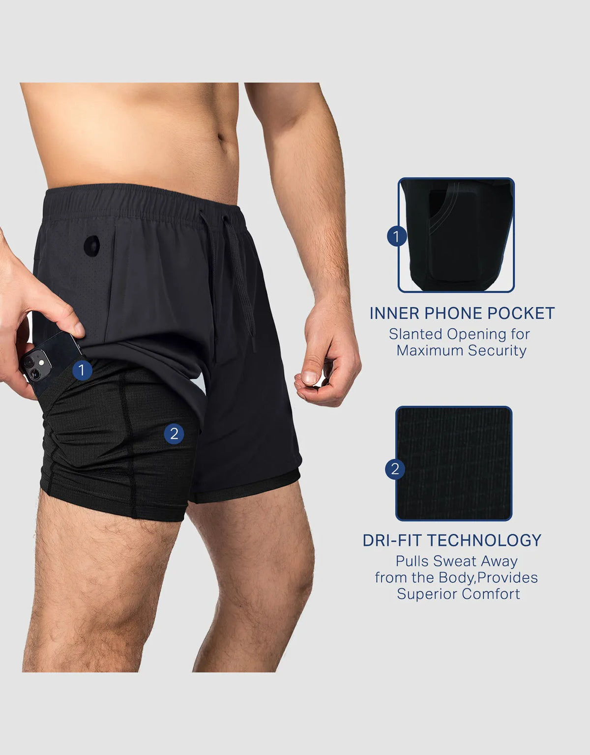 Zilpu Mens Quick Dry Athletic Performance Shorts wi/Zipper Pocket (5 inch)