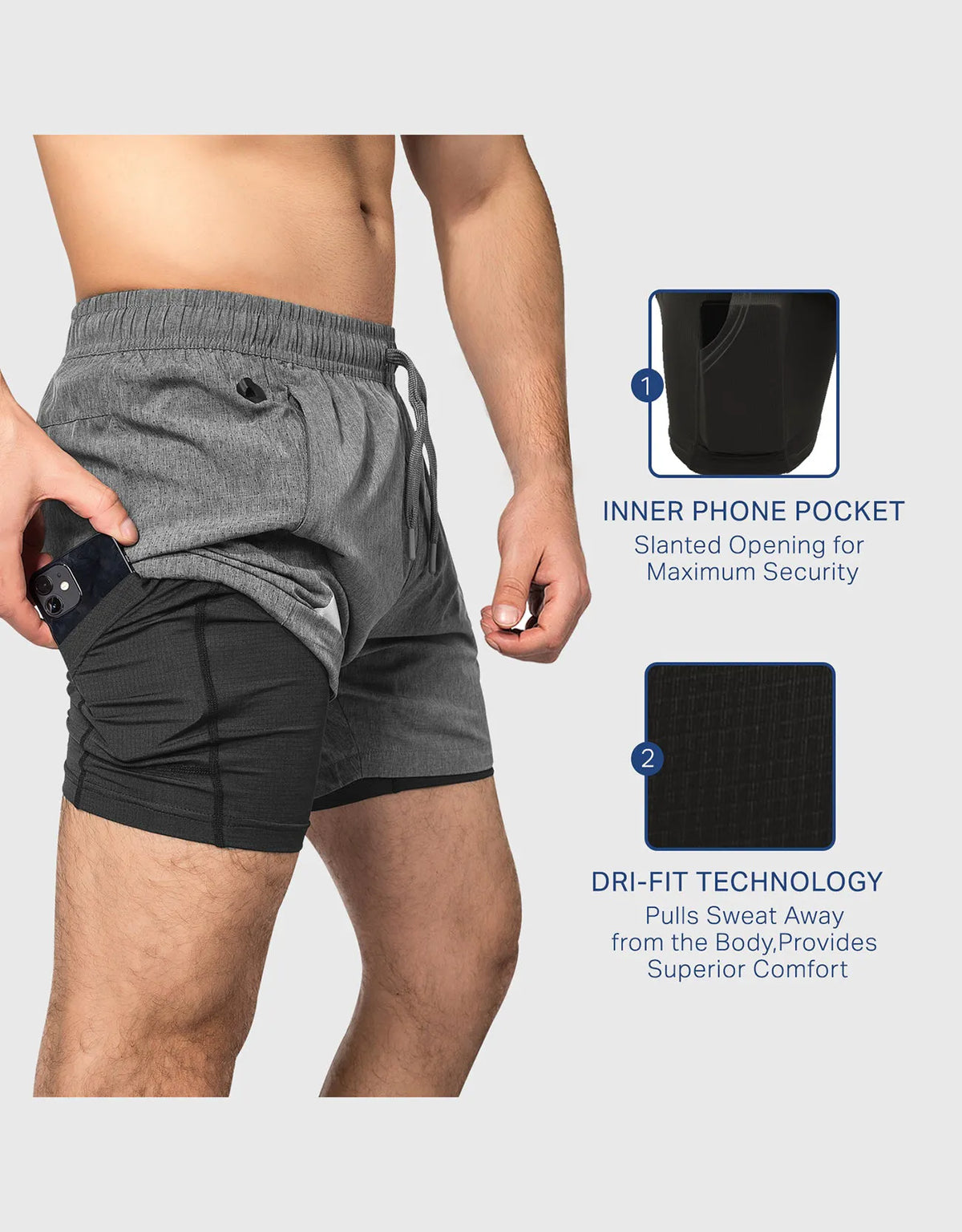 Zilpu Mens Quick Dry Athletic Performance Shorts wi/Zipper Pocket (5 inch)