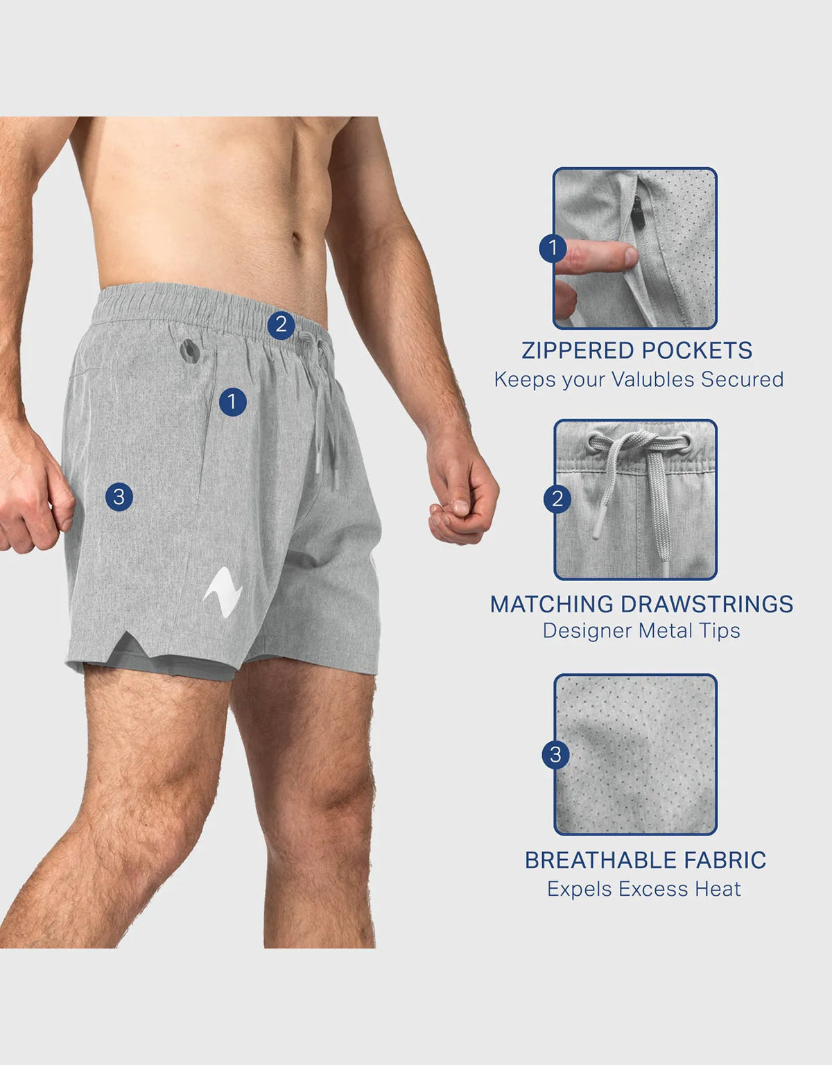 Zilpu Mens Quick Dry Athletic Performance Shorts wi/Zipper Pocket (5 inch)