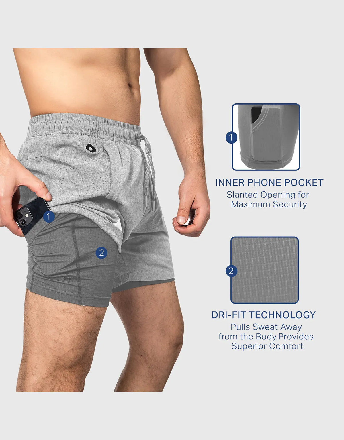 Zilpu Mens Quick Dry Athletic Performance Shorts wi/Zipper Pocket (5 inch)