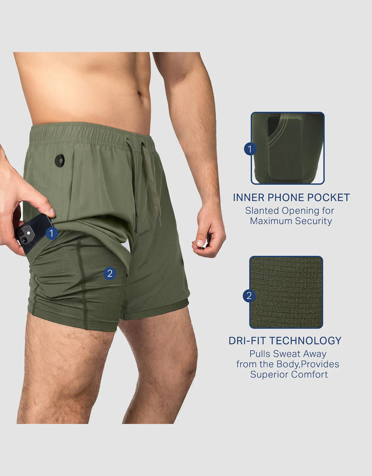Zilpu Mens Quick Dry Athletic Performance Shorts wi/Zipper Pocket (5 inch)