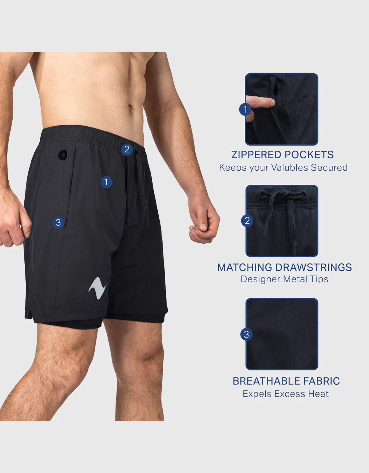 Zilpu Mens Quick Dry Athletic Performance Shorts wi/Zipper Pocket (7 inch)