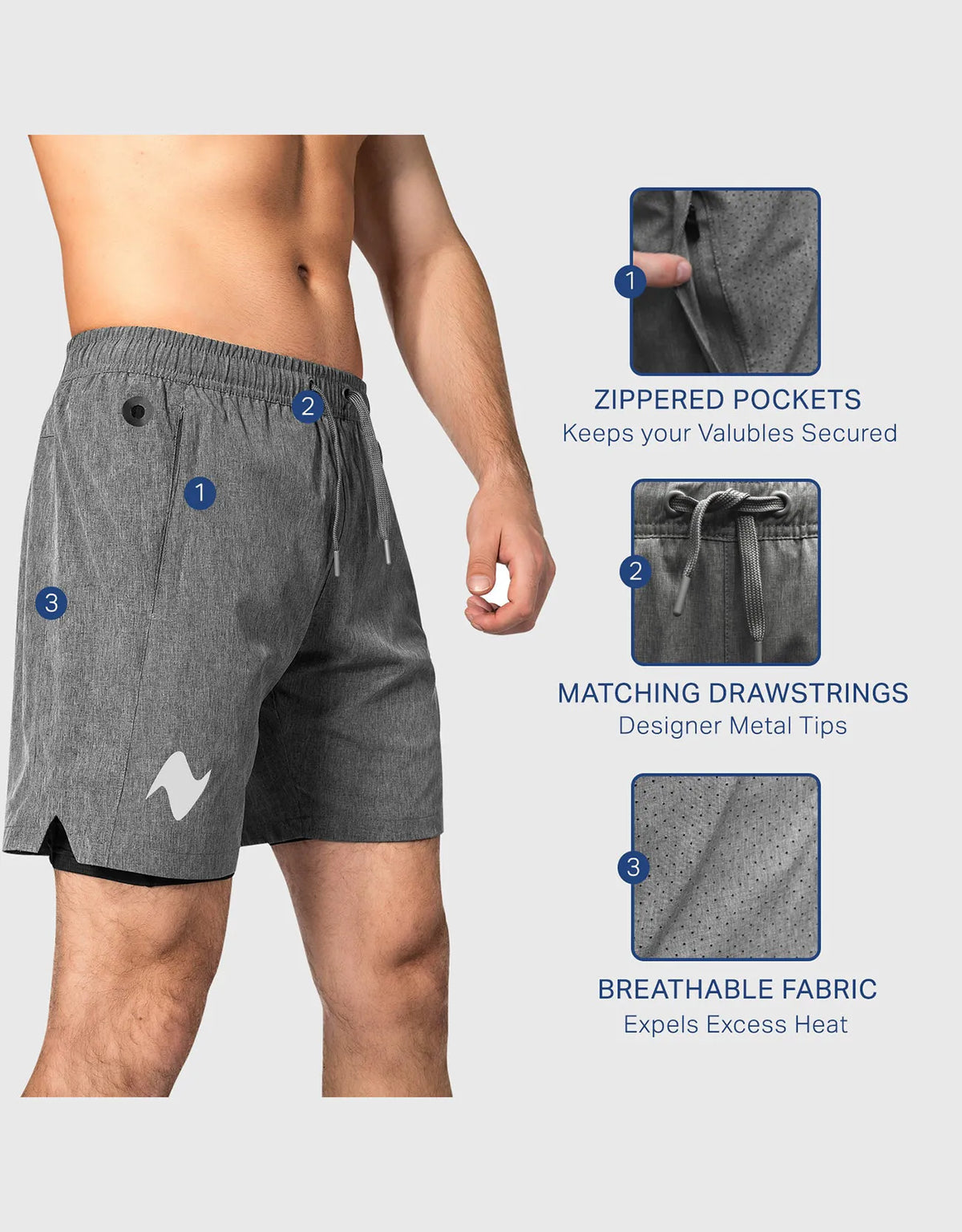Zilpu Mens Quick Dry Athletic Performance Shorts wi/Zipper Pocket (7 inch)