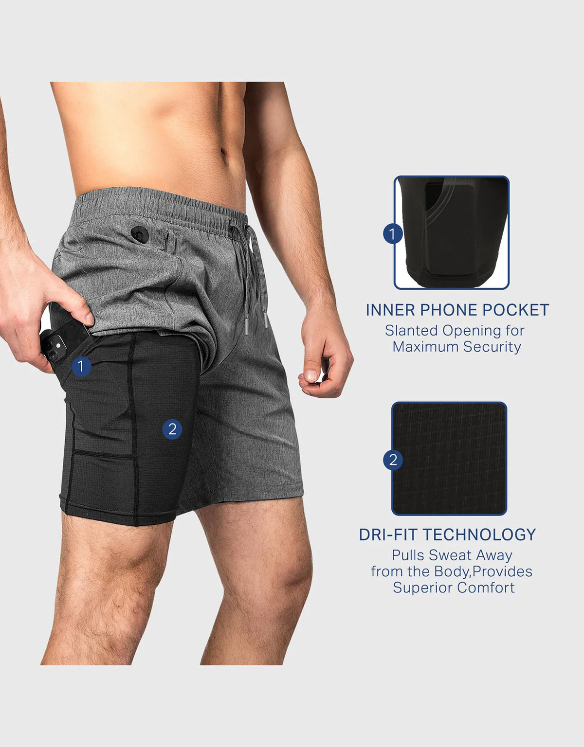Zilpu Mens Quick Dry Athletic Performance Shorts wi/Zipper Pocket (7 inch)