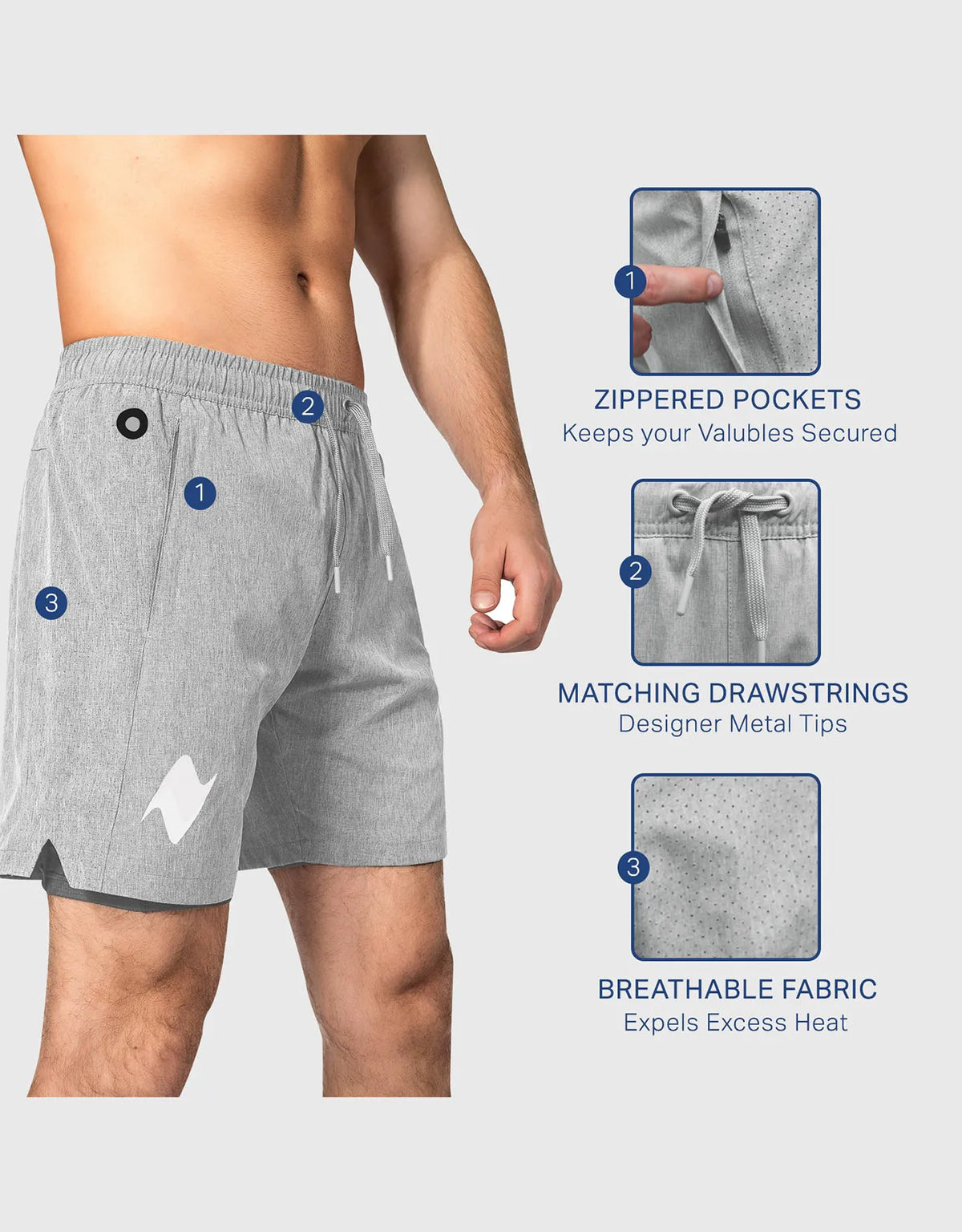 Zilpu Mens Quick Dry Athletic Performance Shorts wi/Zipper Pocket (7 inch)