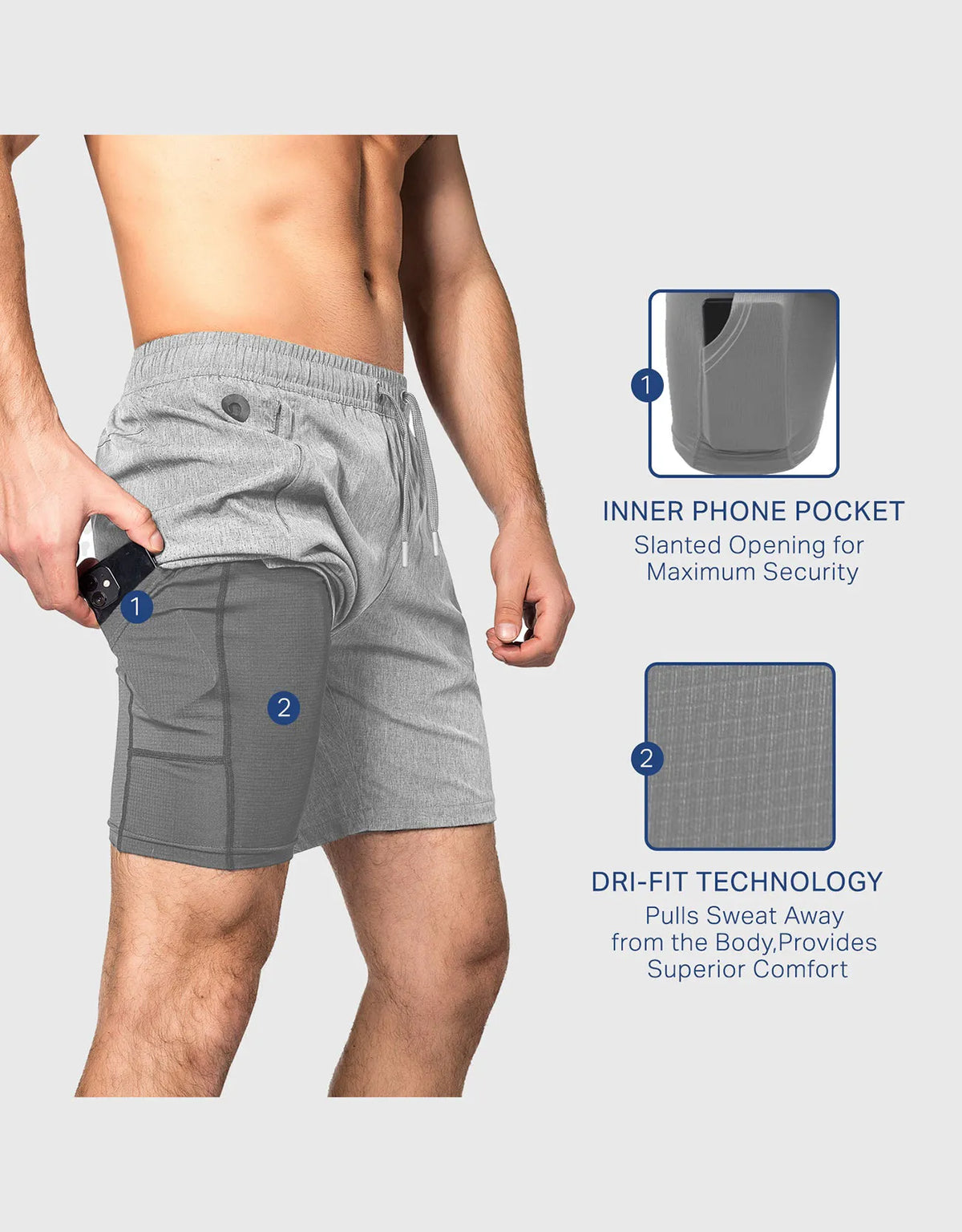 Zilpu Mens Quick Dry Athletic Performance Shorts wi/Zipper Pocket (7 inch)