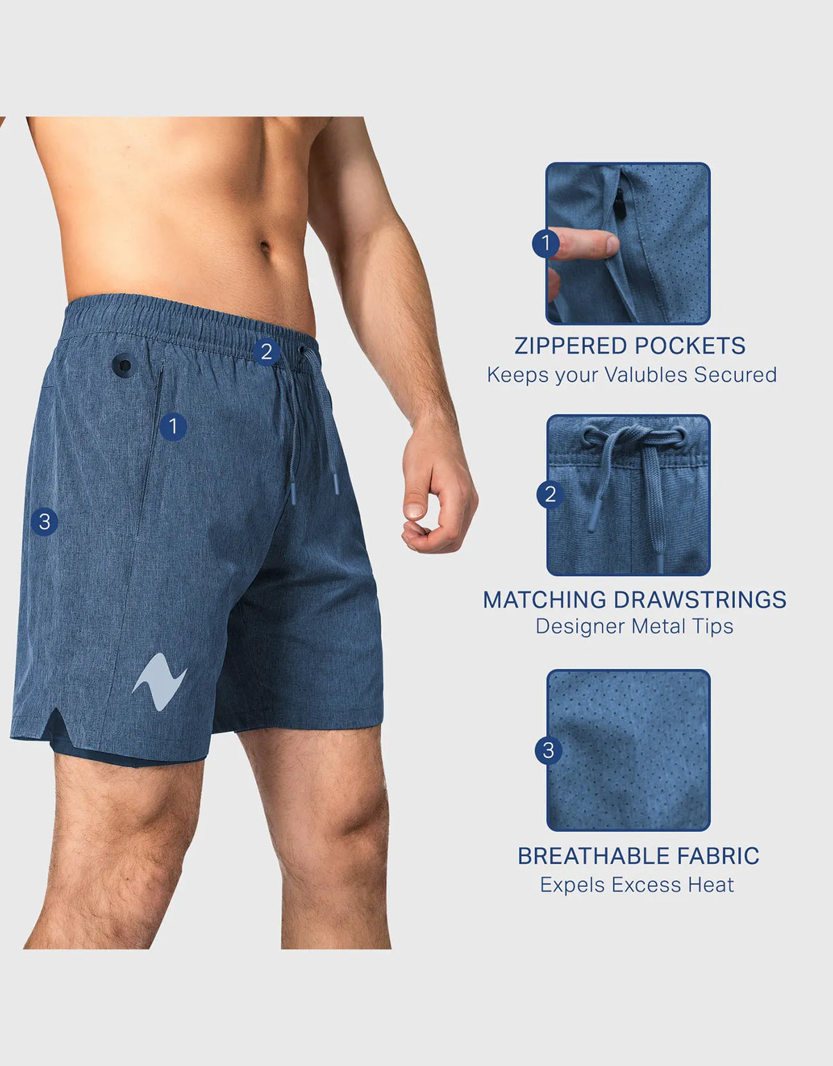 Zilpu Mens Quick Dry Athletic Performance Shorts wi/Zipper Pocket (7 inch)