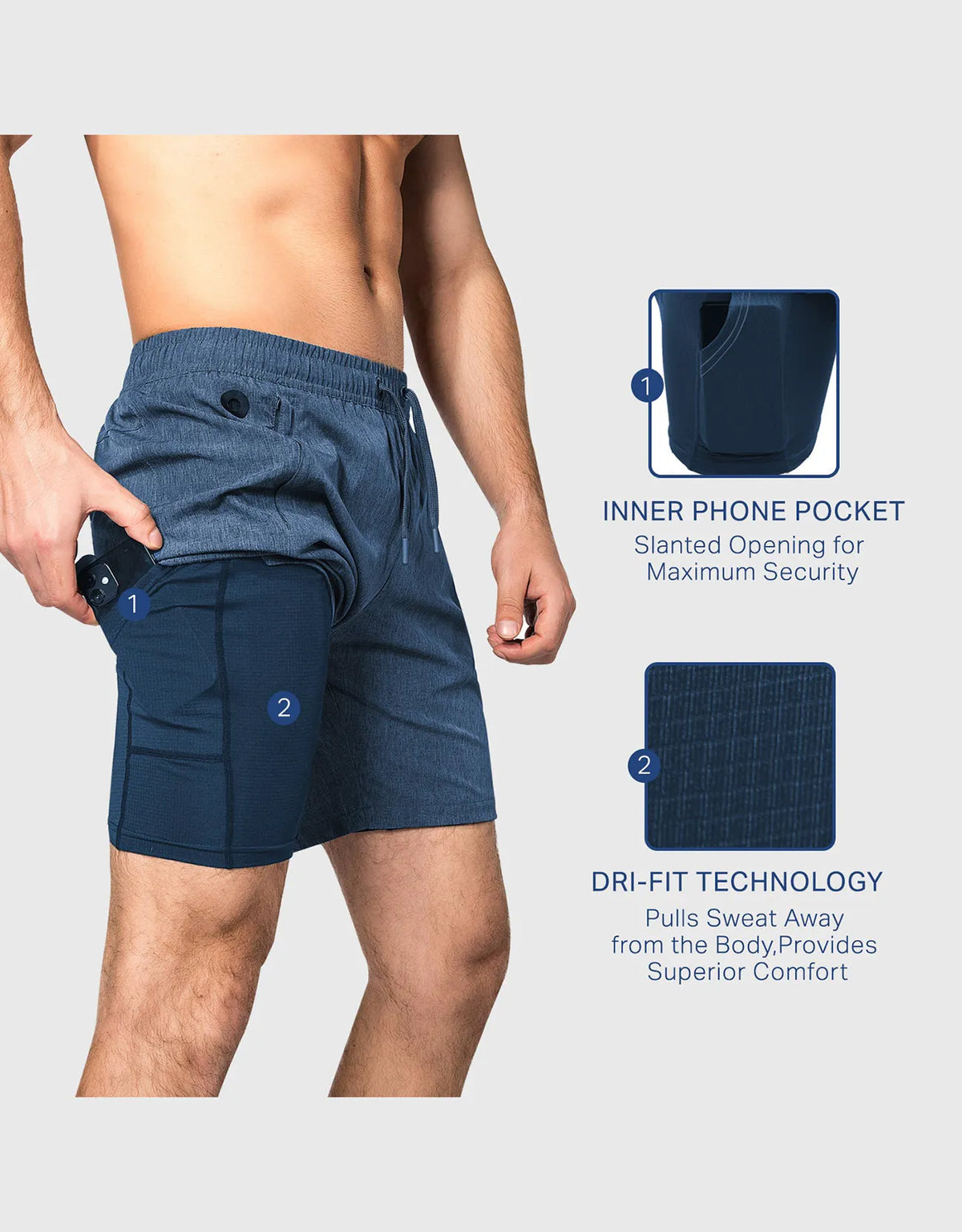 Zilpu Mens Quick Dry Athletic Performance Shorts wi/Zipper Pocket (7 inch)