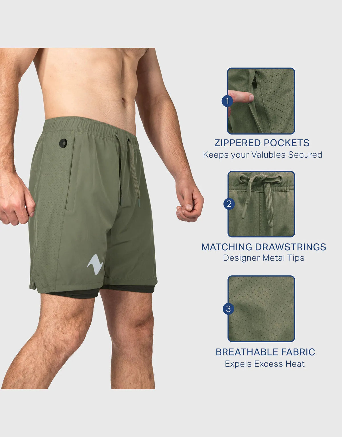 Zilpu Mens Quick Dry Athletic Performance Shorts wi/Zipper Pocket (7 inch)